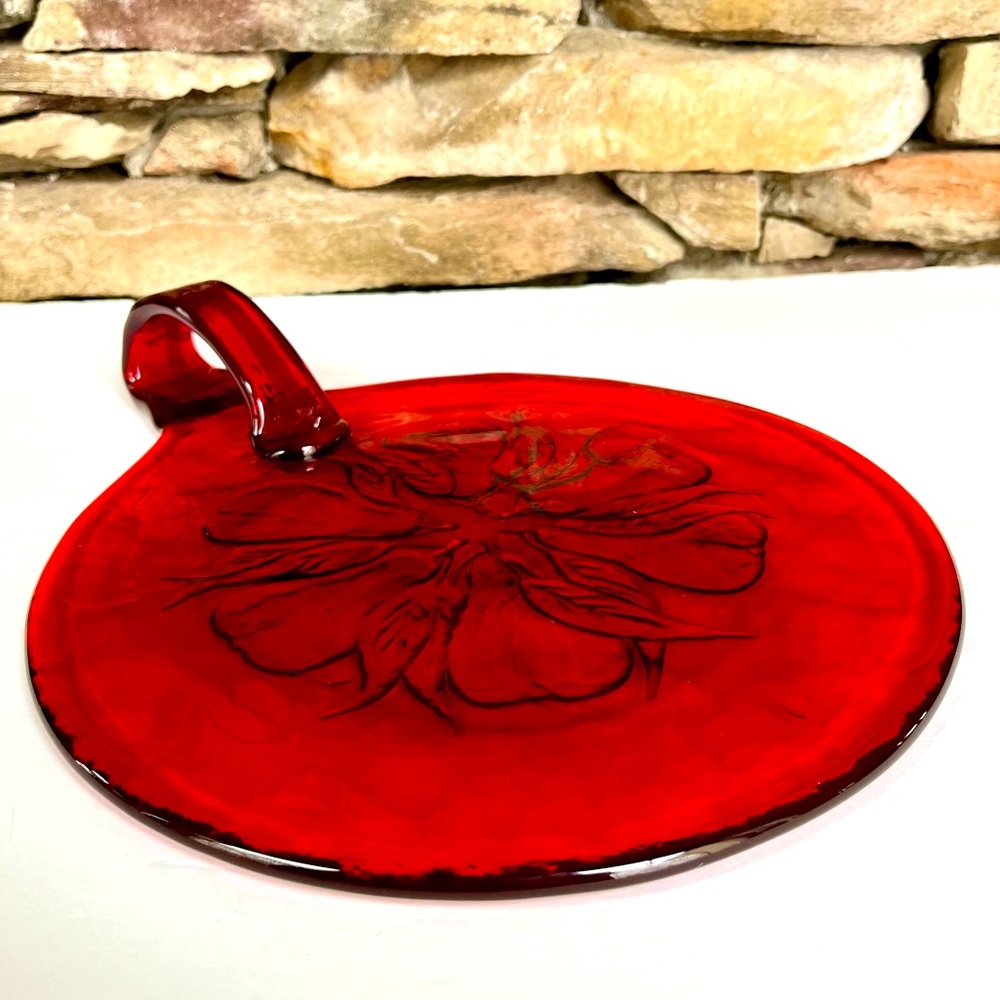 VTG Glass Charcuterie Sun Catcher Cheese Tray Artisan Handcrafted Pears Red